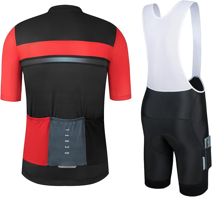 Men's Cycling Jersey Set Cycling Kit Bicycle Jersey Rear Zipper Pocket Bike Bib Shorts with Pockets Race Fit High Density Pad