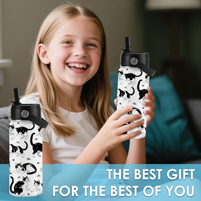 Cat Gifts for Kids - 16oz Cute Cow Cat Water Bottle with Straw Lid, Stainless Steel Insulated Tumbler, Leak Proof, BPA-Free, for Boys, Girls, School - Cow Cats Lovers Children Birthday Gifts Cups(1pc)