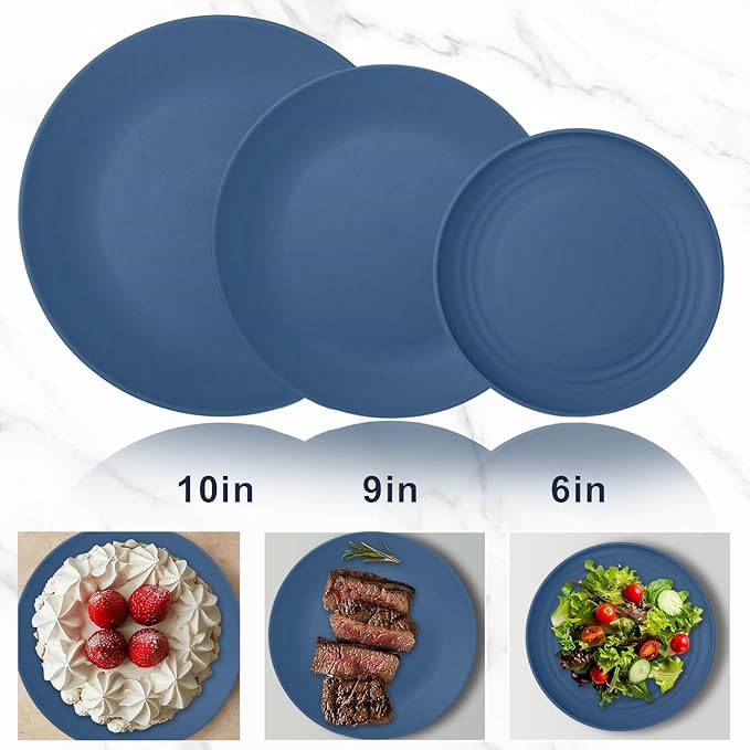 Wrova 40Pack plates and bowls sets for kids - Unbreakable wheat straw dinnerware sets service for 8 - Alternative plastic 40pcs dishes for kitchen, camping and indoors dinning - (Blue)