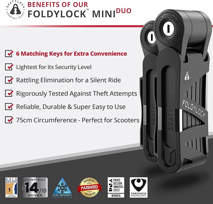 Seatylock FoldyLock Mini Folding Bike Lock - Patented Lightweight Bicycle Lock - Heavy Duty Anti Theft Guard with Key for Electric Scooter & City Bikes