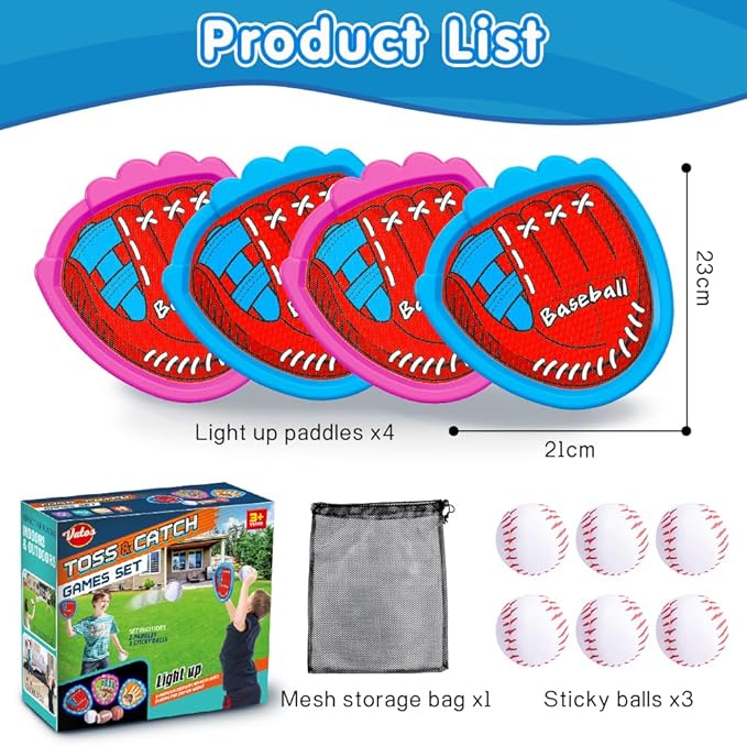 VATOS Toss and Catch Ball Game Set, 6 Sticky Balls & 4 Baseballs Training Glove with LED Light, Outdoor Toys Backyard Garden Lawn Games Sports for Kids Boys Girls 3-12