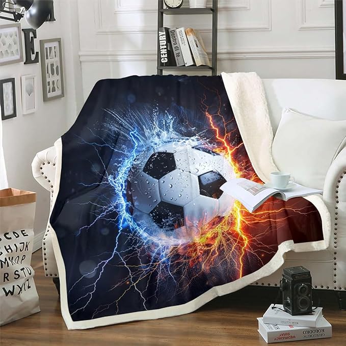 3D Sports Football Fleece Throw Blanket for Kids Teens Boys - Soccer Ball Plush Sherpa Luxury Ice and Fire Fuzzy Blanket - Sports Theme Games for Sofa Bed Couch, King 87x95 Inch