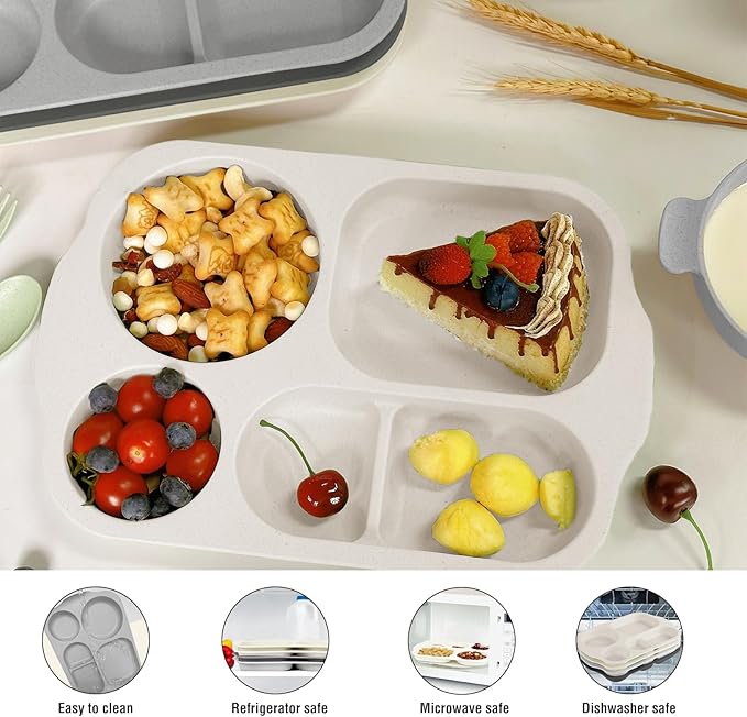 shopwithgreen Kids Toddlers Plates and Bowls Sets, 20 PCS Wheat Straw Dinnerware Cutlery Set, Unbreakable Tableware Divided Plate Spoon Knife Cup, Reusable Utensils Set for Kitchen Picnic School