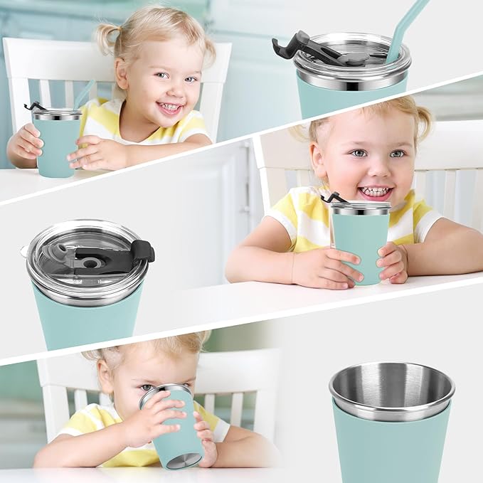 Kids Cups with Straws and Lids Leak Proof, 12oz Sippy Cups for Toddlers 1-3 No Spill, 2 Pack Spill Proof Cup Stainless Steel Kids Cup with Lids for School, Outdoor (Blue & Green)
