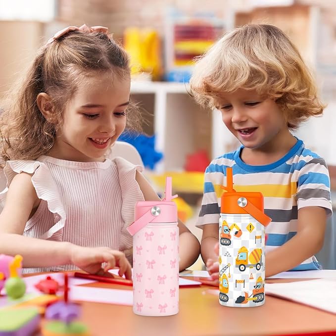 Bow Kids Water Bottle With Straw Lid 12oz Insulated Stainless Steel, Travel Tumbler, Pink Bow Gifts For Girls, Birthday, Christmas, Back To School