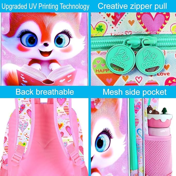 CCJPX 16" Fox Backpack for Girls, 3Pcs Kids Bookbag with Lunch Box, Water Resistant Elementary School Bag for Kindergarten Preschool Toddler (Pink)