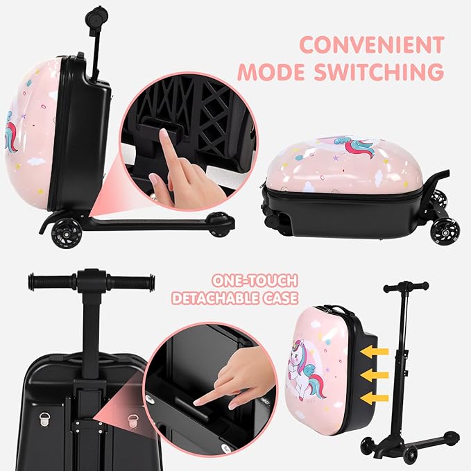 smilesun 4-in-1 Detachable Scooter Suitcase for Kids & Teenagers, Lightweight Hardside Ride-On Suitcase, Foldable Design, Perfect Travel Gift for Girls(Pink Cute Pony 22-inch)