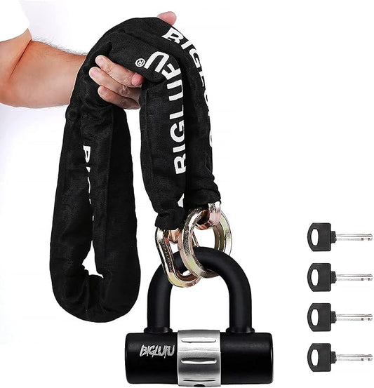 BIGLUFU Motorcycle Chain Lock 150cm/5ft Heavy Duty Bike Chain Lock Anti-Theft Durable Cut Proof 14mm Thick Security Bicycle Chain with 4Keys 16mm U Lock for Moped,Scooter,Motorcycles
