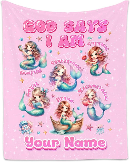 Personalized Mermaid Blanket for Girls, Custom Name Gift, God Says I Am Blanket, Cute Fleece Fuzzy Throw, 50"x60"