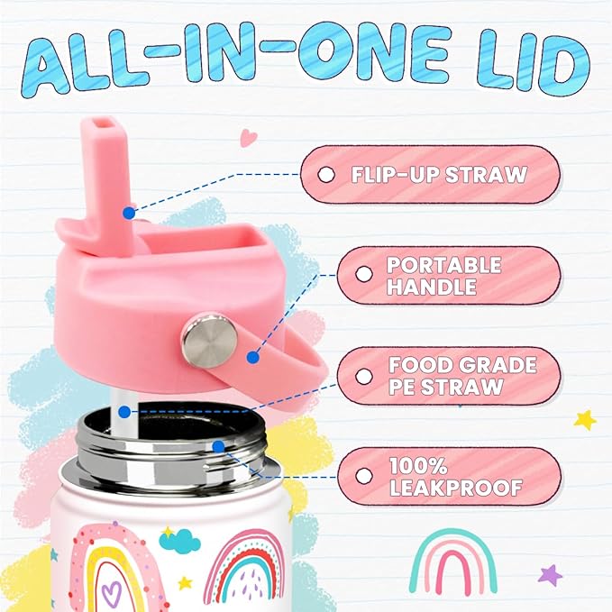 Rainbow Kids Water Bottle With Straw Lid 12oz Insulated Stainless Steel, Travel Tumbler, Gifts For Girls, Birthday, Christmas, Back To School