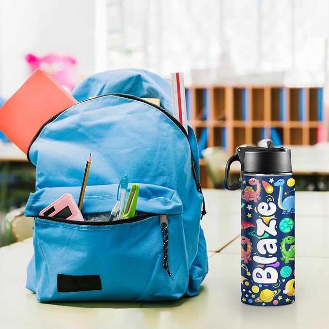 Personalized Water Bottles for Kids for School 18oz Custom Name Insulated Stainless Steel Cup with Straw Lid for Boy Girl Children Customized Sport Tumblers Back to School Birthday Gift BPA FREE