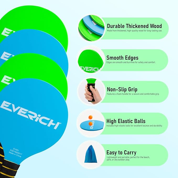 EVERICH Upgraded Toss Catch Paddle Ball Game Set, Outdoor Games Racket Yard Games, Beach Pool Sand Lawn Camping Toys with 8 Paddles 8 Balls 8 Birdies 2 Flying Disc, Birthday Easter Gifts for Adults