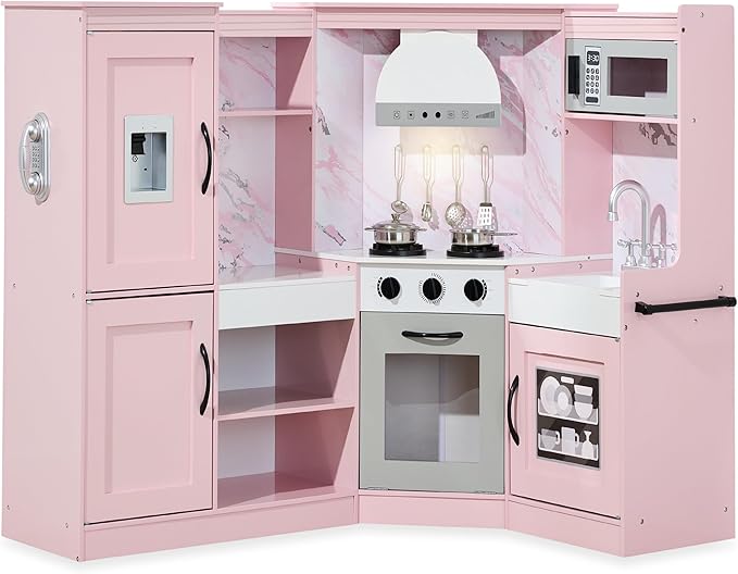 Best Choice Products Pretend Play Corner Kitchen, Ultimate Interactive Wooden Kids Playset w/Lights & Sounds, Ice Maker, Hood - Pink