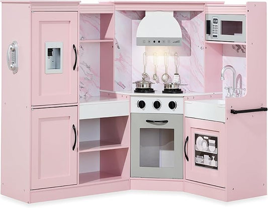 Best Choice Products Pretend Play Corner Kitchen, Ultimate Interactive Wooden Kids Playset w/Lights & Sounds, Ice Maker, Hood - Pink