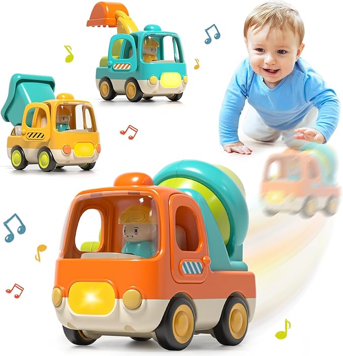 Baby Toys Push Cars for 1 2 3 Year Old Friction Powered Construction 3 Pack Friction Vehicle Set Excavator Dumper Cement Mixer Truck Lights and Musial Toys Birthday Gifts for Toddlers 1-3