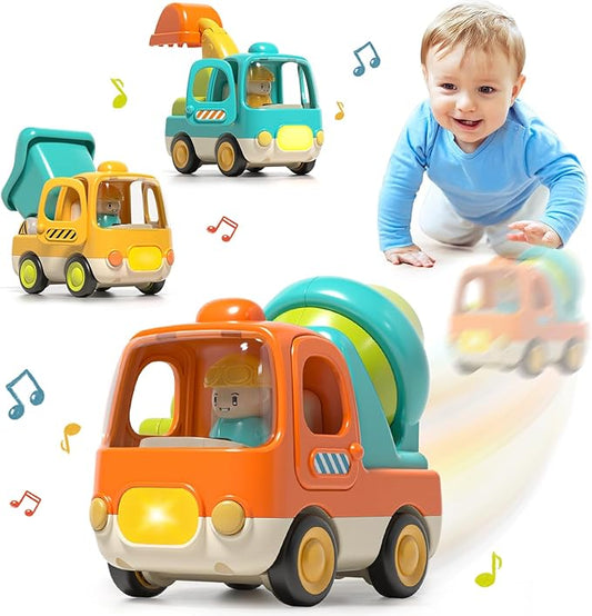 Baby Toys Push Cars for 1 2 3 Year Old Friction Powered Construction 3 Pack Friction Vehicle Set Excavator Dumper Cement Mixer Truck Lights and Musial Toys Birthday Gifts for Toddlers 1-3