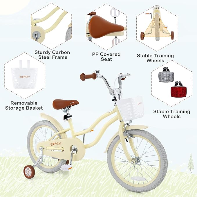 BABY JOY Kids Bike, 12 14 16 18 20 Inch Boys Girls Bike w/Adjustable Seat, Removable Basket, Handbrake & Coaster Brake, Training Wheels or Kickstand, Kids Bicycle with Multi-Color