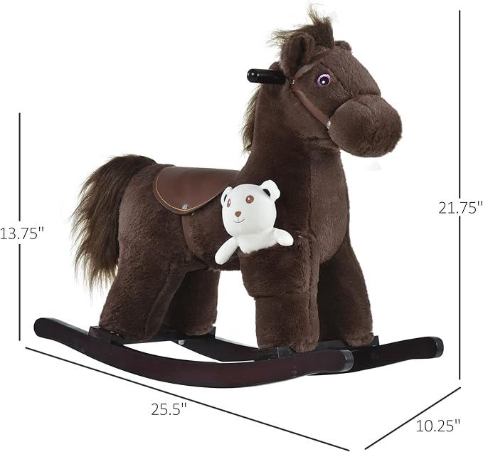 Qaba Kids Plush Ride-On Rocking Horse with Bear Toy, Children Chair with Soft Plush Toy & Fun Realistic Sounds, Brown