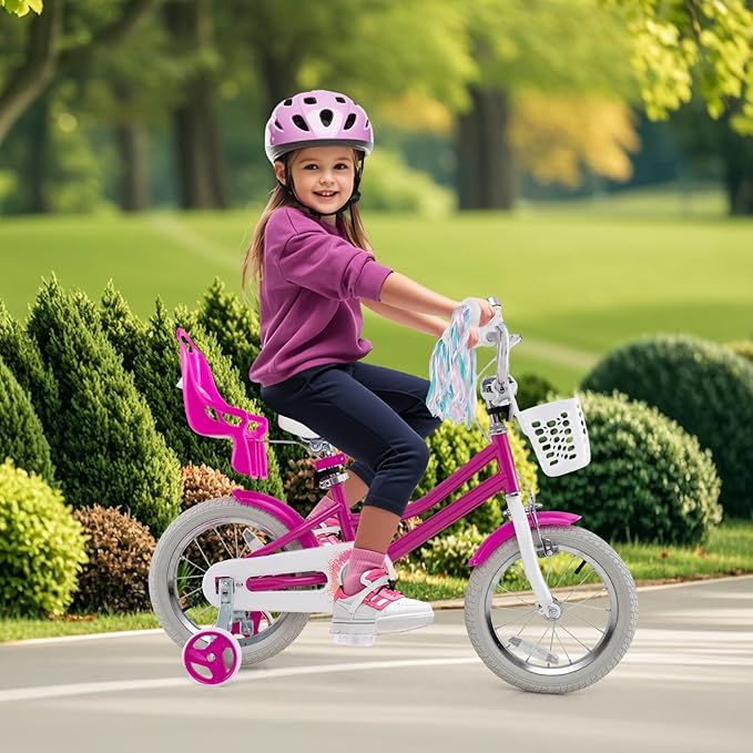BABY JOY Kids Bike, 12 14 16 18 Inch Children Bicycle w/Detachable Training Wheels, Storage Basket, Adjustable Seat & Handlebar, Bow or Streamer, Girls Bike for 3-8 Years Old