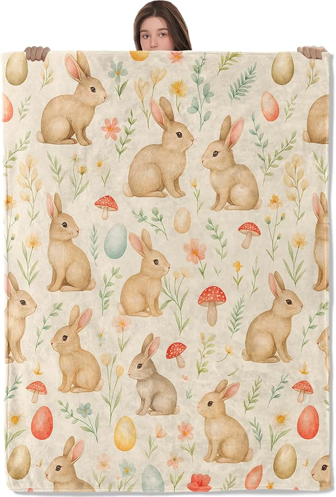 Playful Rabbit Blanket,Cute Bunny with Flower and Mushroom Fleece Blankets,Decorative Throw for Couch,Bedroom,Travel,Camping,Practical Throws Gifts for Kids Adults Animal Lovers,60X80 Inch