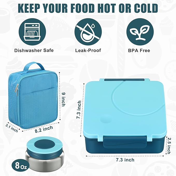 Itslife Bento Lunch Box for Kids with 8oz Soup Thermo&Lunch Bag, Leak-Proof Lunch Food Containers with 4 Compartment, Hot Food Insulated Food Jar for Kids School (Blue)