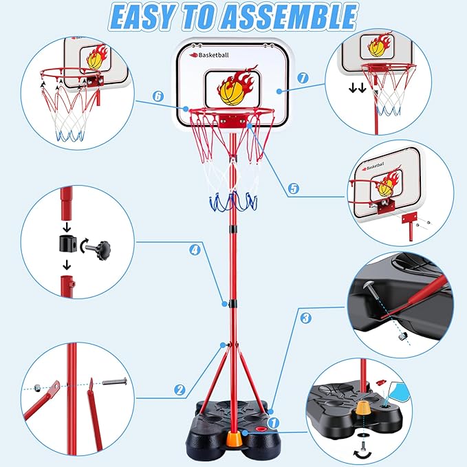 SIOTMERA 4 in 1 Kids Basketball Hoop and T Ball Set, Adjustable Height Toddler Basketball Hoop with Hanging Tee Baseball, Outdoor Indoor Toys Gifts for Boys Girls Ages 3-8
