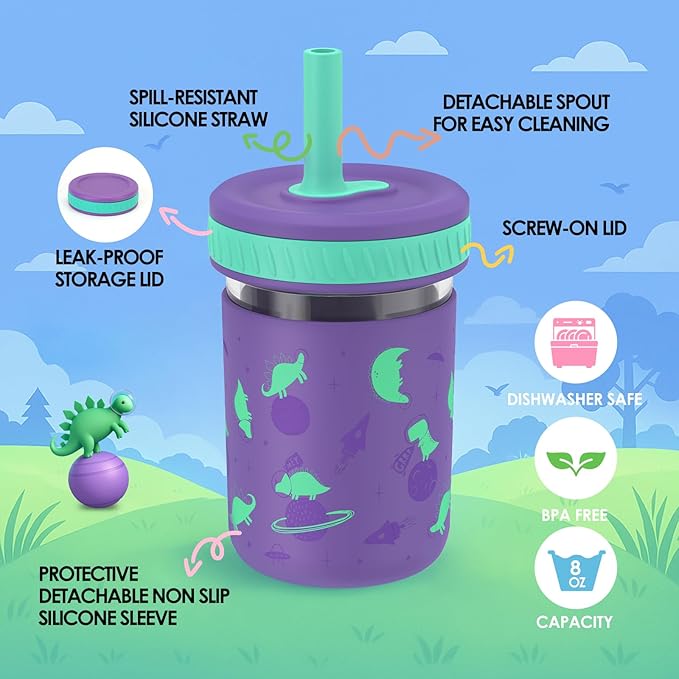 Sursip Toddler Glass Sippy Cups, Kids Baby 12 oz Spill-Proof Water Tumbler with Straw and Lids, Smoothie Snack Mason Jar For Travel School or At Home, 4 Packs BPA-Free