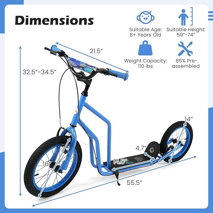 GYMAX Youth Scooter, Height Adjustable Kick Scooters with Extra Large Inflatable 16” Front & 14” Rear Wheels, Dual Hand Brakes & Kickstand, Heavy Duty Scooter for Teens Adults
