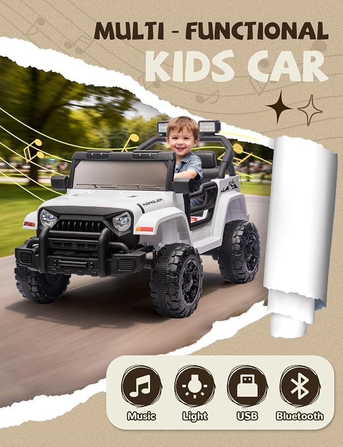 Ride on Car, 12V Kids' Electric Vehicles W/Parents Control, Ride on Toys for Toddlers with Music, Four-Wheels Suspension, USB, Headlights, White