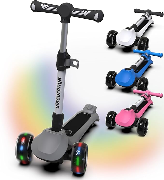 Elecorange T200/T500 Balance Electric Scooter for Kids Age 4-9, 2 Types Front Wheels, Electric Horn, Full Body Lights Up, Wide Deck, 5Mph Safe Speed, 70min Riding, Foldable Kick Scooter Boys & Girl