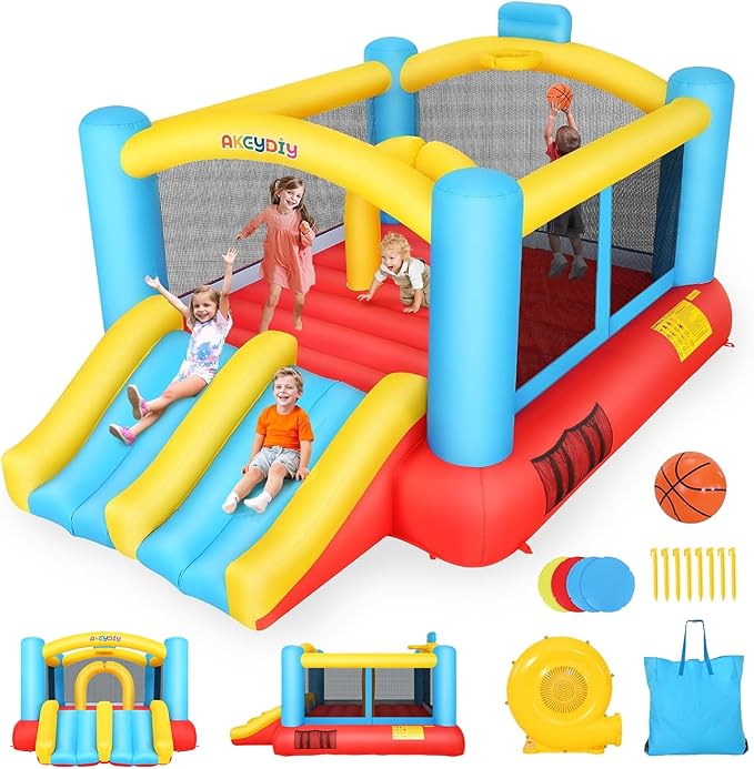 Inflatable Bounce House for Kids 3-12, 12.3FTx9FT Obstacle Bounce House with Dual Racing Slide, Basketball Rim, Bouncy Castle Jump House for Indoor Outdoor Backyard - Blower Included (AKSJ-02)