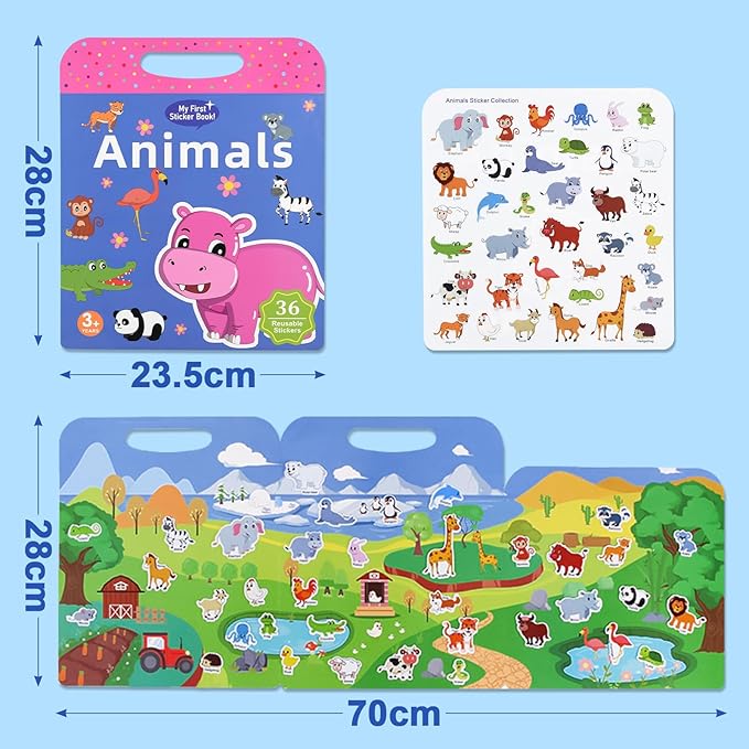 ASTARON 3 Pack Reusable 3D Puffy Sticker Book for Kids 3-6, Jelly Sticker Game Educational Sensory Learning Toy, Travel Toys and Busy Book(Dino Car Animal)