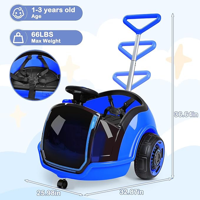 ANPABO 3-in-1 Electric Push Ride On Car, 12V Kids Ride On Toy w/Remote Control, 360° Spin, 5-Point Safety Belt, Colorful LED Light, Music Player, Push Car for Toddler Ages 1-3 (Blue)