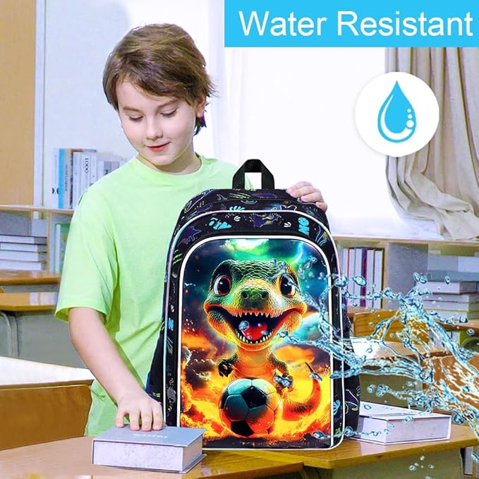 3Pcs Dinosaur Backpack for Boy, 16" Soccer Bookbag for Elementary Preschool Kindergarten, Kids School Backpacks with Lunch Box (Black)