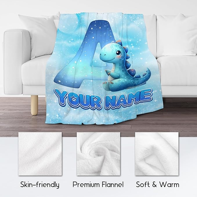 Dinosaur Blanket - Personalized Kids Blankets with Name for Boys Girls - Custom Monogram Gifts for Son Daughter - Lightweight Flannel Throws - 4 Sizes for Toddler/Children/Teens/Adults