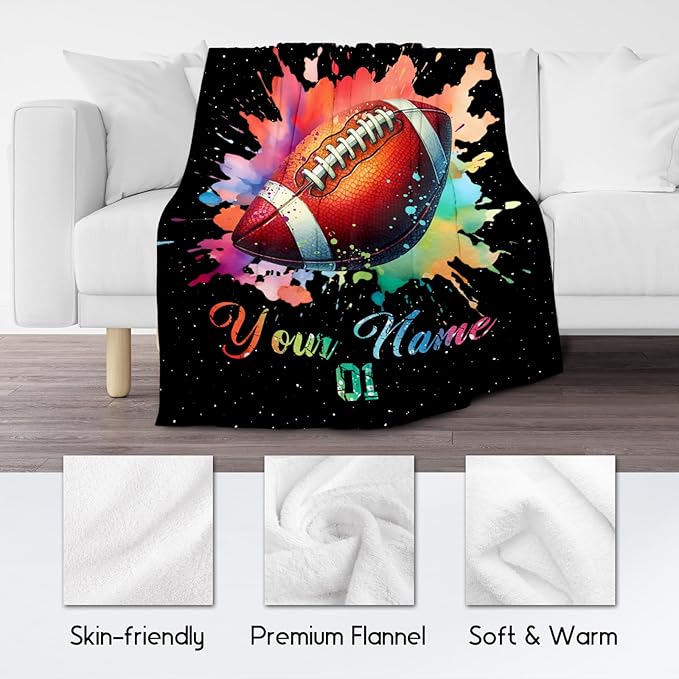 Personalized Football Blanket, Custom Football Gifts for Boys Men Adults, Flannel Throw Blankets for Team Player, Sport Theme Throws Boys Room Decor for Couch Sofa (Colorful, 30x40 Inch)