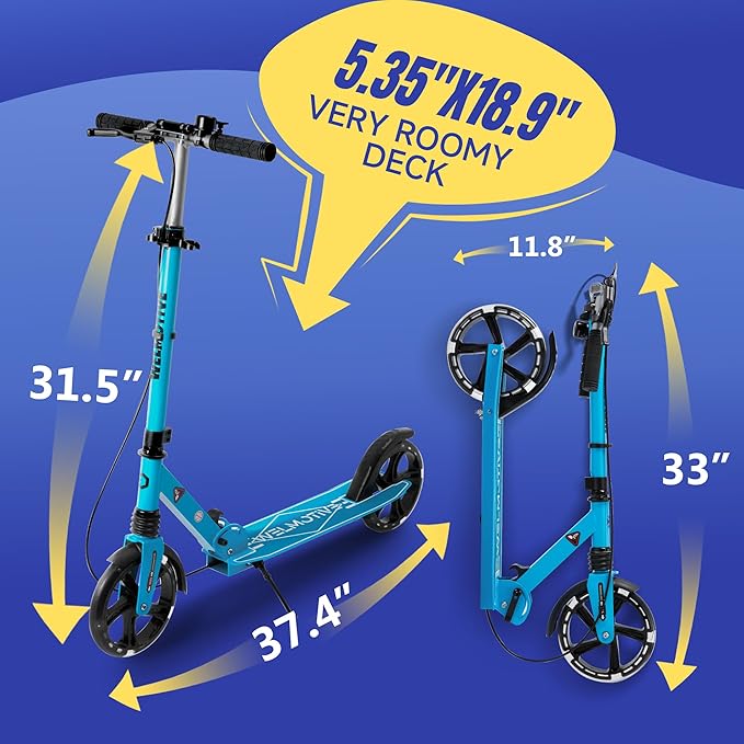 Kick Scooter for Kids Ages 8+ Teens & Adults, with Front handbrake and Rear Brake, and Adjustable Handlebars, Big Sturdy PU Flash Wheels Great Gift & Toy