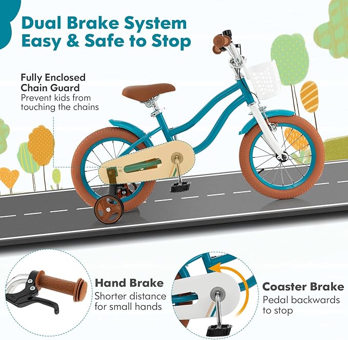 COSTWAY Kids Bike, 12 14 16 18 Inch Toddler Bike Children Bicycle w/Training Wheels, Hand & Coaster Brakes, Adjustable Saddle & Handlebar, Basket, Bell, Kids Bicycle for Girls Boys Aged 3-8 Years Old
