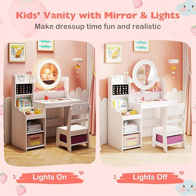 HONEY JOY Kids Vanity with Lights, Wooden Princess Makeup Dressing Vanity Desk with Jewelry Storage, Open Shelves, 2 in 1 Toddler Vanity Table & Chair Set with Lighted Mirror for Little Girls(White)