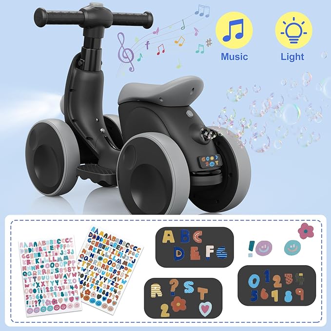 Electric Baby Balance Bike with Bubble Machine for 1 Year Old Boys Girls 4 in 1 Toddler Balance Bike 12-48 Month Kids Bubble Bike Ride Toys First Birthday Gift with Powered Motor,Music,LED Lights
