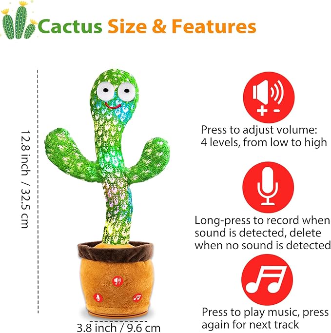 Rechargeable Talking Dancing Cactus Plush Toy for Baby Toddler 6-18 Months - Volume Adjustable Mimicking and Singing Cactus with Music & Light - Funny Birthday Gifts for 1 Year Old Boy Girl