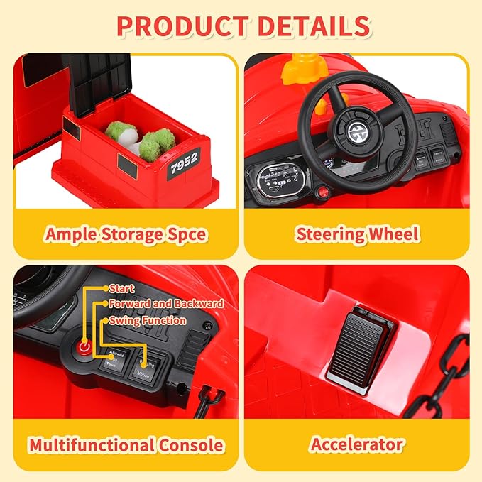 TLSUNNY Ride On Train Trackless, 12V Kids Battery Electric Train with 2-Seater，Detachable Carriage, Extra Storage, Colorful Lights & Music, Toddlers Car Toy for Boys & Girls Age 3+ (Red)