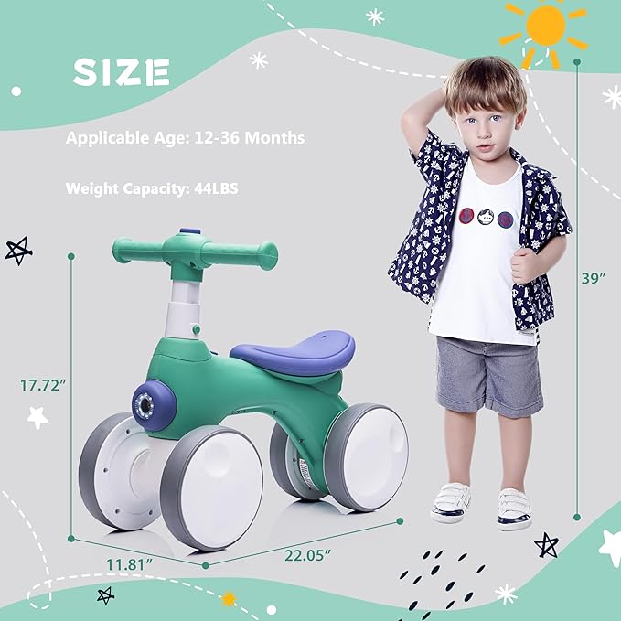 Baby Toddler Balance Bike with Bubble Machine for 1 Year Old Children,4 Wheels Kids Balance Bike w/Bubble Maker,Kids Ride on Toys,Headlight for Ages 12-36 Months Boys Girls (Green&Blue)