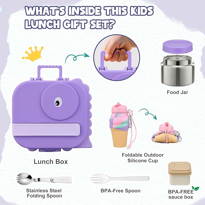 Dinosaur Lunch Box for Kids with Secret Compartment | 4 Compartments Bento Box + 12oz Insulated Food Jar | Leak-Proof Sauce Cup & Collapsible Spoon | BPA-Free, Dishwasher Safe(Green+Green Jar)