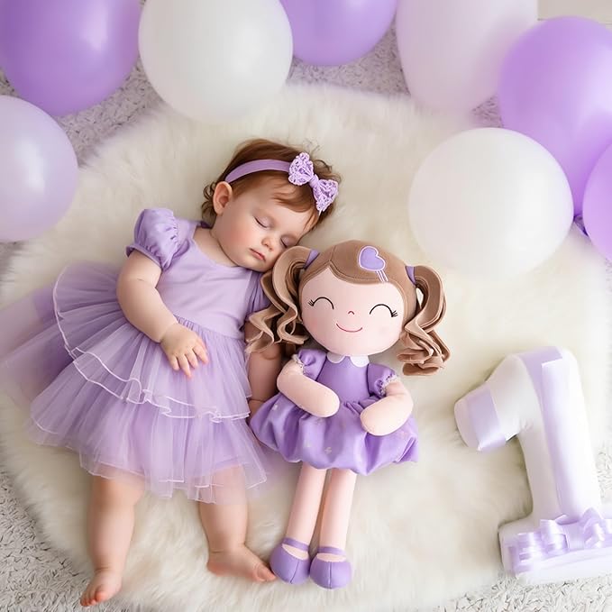 Gloveleya Baby Doll Gifts Plush Curly Girl Toys with Love Purple Light Skin