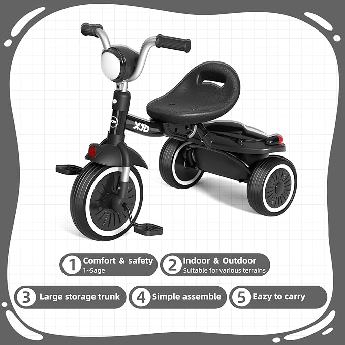 XJD Toddler Tricycle, Foldable Toddler Bike with Pedals, Tricycle for 2-5 Year Olds, Adjustable Comfortable Seat, Birthday Gifts for 1-5 Years Old Boys and Girls (Black)