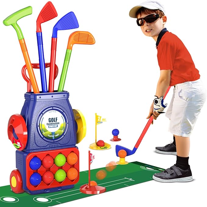 QDRAGON Kids Golf Clubs, Toddler Golf Set with 8 Balls, Putting Mat, 4 Golf Sticks, 2 Practice Holes and Golf Cart with Wheels, Indoor Outdoor Sport Toys for Boys Girls Ages 3 4 5+