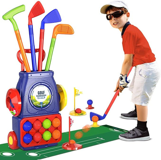 QDRAGON Kids Golf Clubs, Toddler Golf Set with 8 Balls, Putting Mat, 4 Golf Sticks, 2 Practice Holes and Golf Cart with Wheels, Indoor Outdoor Sport Toys for Boys Girls Ages 3 4 5+