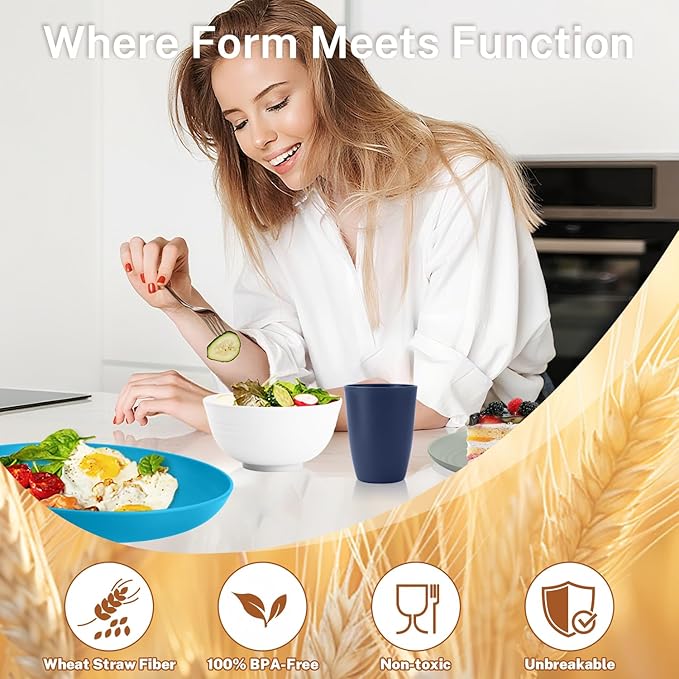 Wheat Straw Dishes Sets for 8, Reusable Plastic Dinnerware Sets 32-Piece, Plates Set, Bowls Set, Tumblers, Microwave Safe Plate and Bowl Set for Dinner,Kitchen, Camping - Island Series