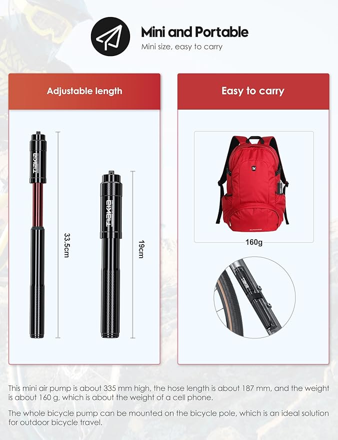 Tiakia Mini Bike Pump,Portable Compact Bicycle Pump,High Pressure Frame Pump 260PSI- Air Hand Pump Fit Presta, Schrader & Woods Valves,Aluminum Alloy Durable Tire Pump for Road/Mountain/BMX Bikes